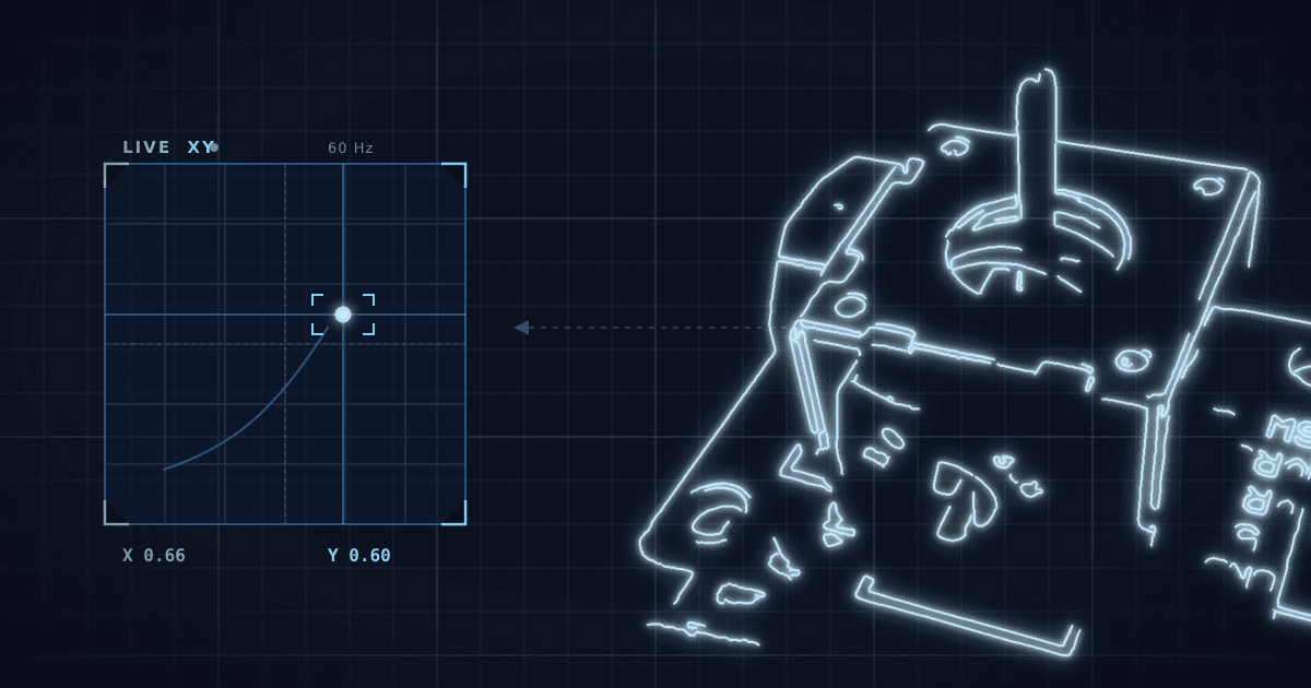 The KY-023 joystick module edge-traced into a glowing cyan blueprint on a dark grid, beside a live 'XY' readout panel — a tracked dot with a crosshair, position trail, and X/Y values — joined by a dashed data-flow arrow: the physical controller and its real-time dashboard, side by side.