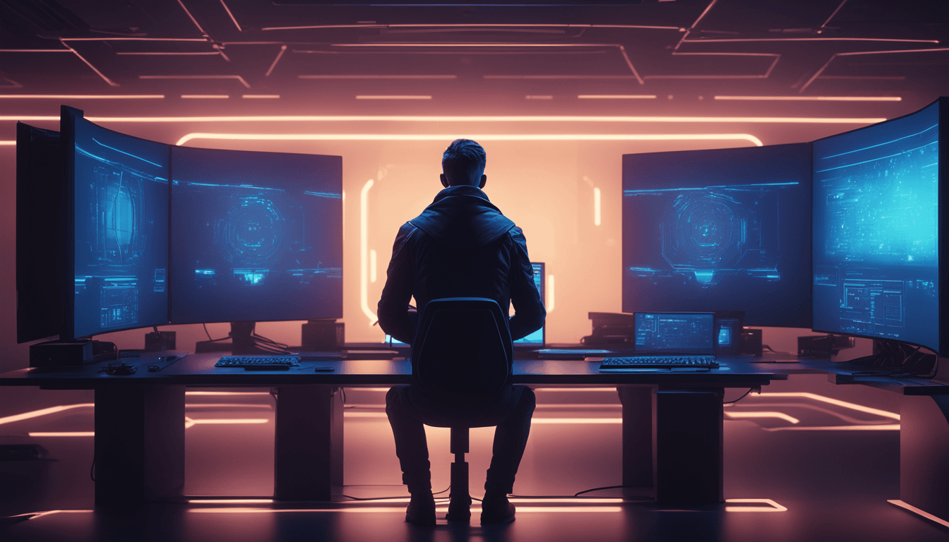 A developer silhouetted against a wall of glowing monitors — Godot vs. Unity in 2026