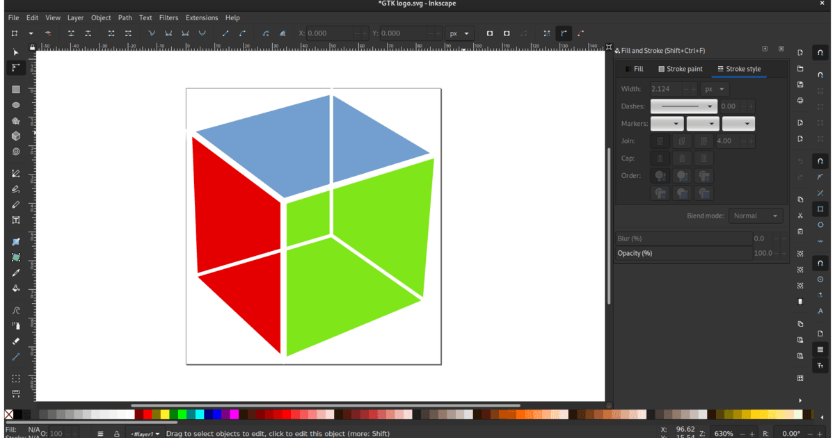 Editing a colorful vector cube in Inkscape with the Fill and Stroke panel open — the SVG source that feeds a Godot UI
